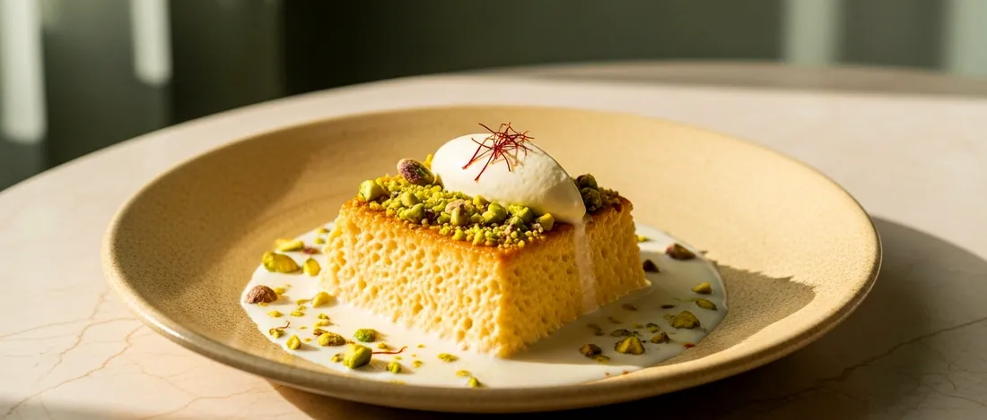 Saffron-soaked milk cake with a delicate cream finish